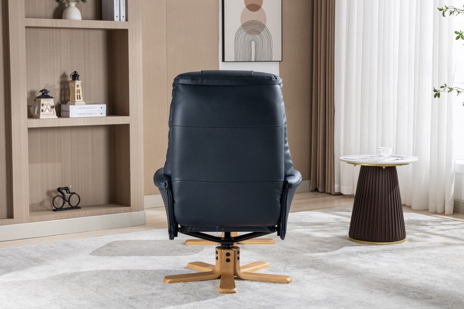 Navy Blue Leather Effect Swivel Recliner Footstool Oak Base