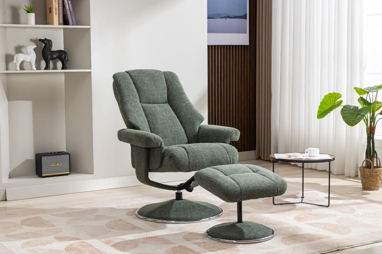 Fern Fabric Swivel Recliner and Footstool Chrome Trimmed