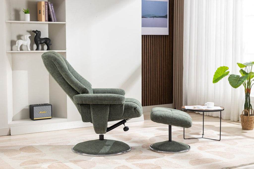 Fern Fabric Swivel Recliner and Footstool Chrome Trimmed