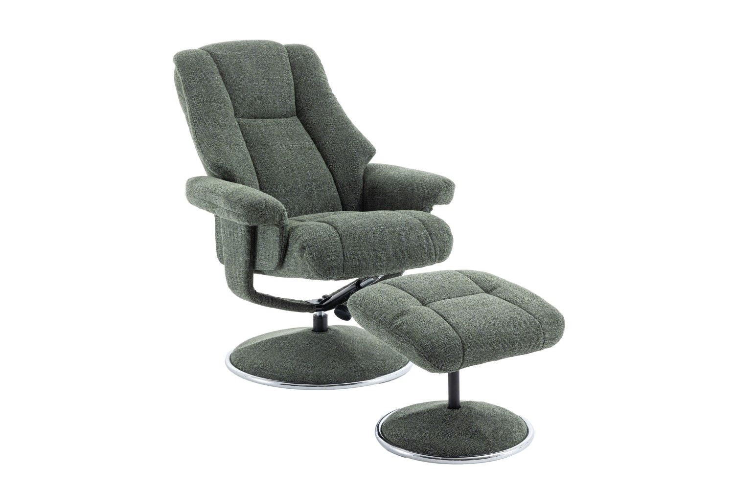 Fern Fabric Swivel Recliner and Footstool Chrome Trimmed