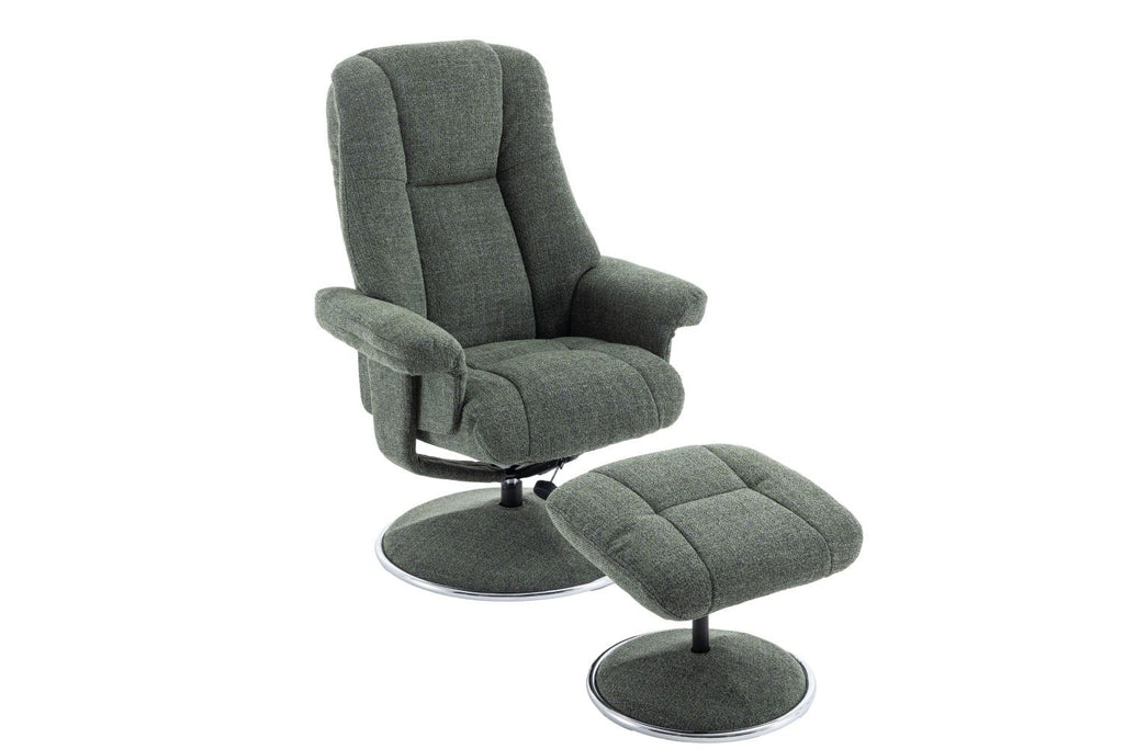 Fern Fabric Swivel Recliner and Footstool Chrome Trimmed