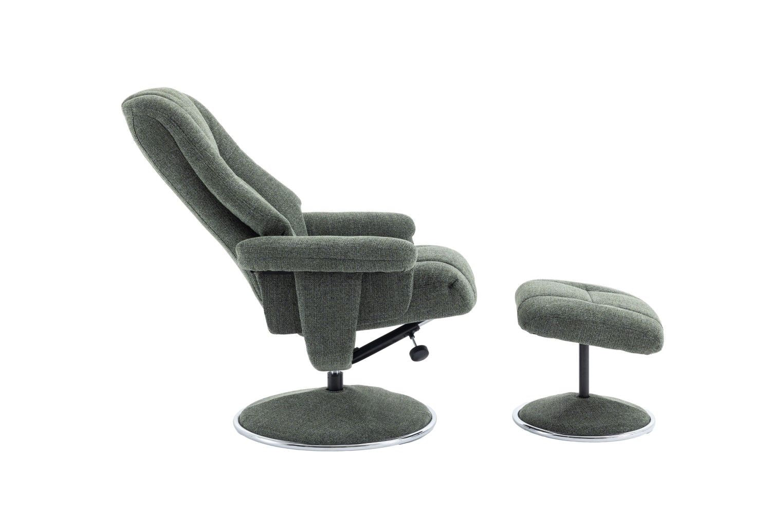 Fern Fabric Swivel Recliner and Footstool Chrome Trimmed