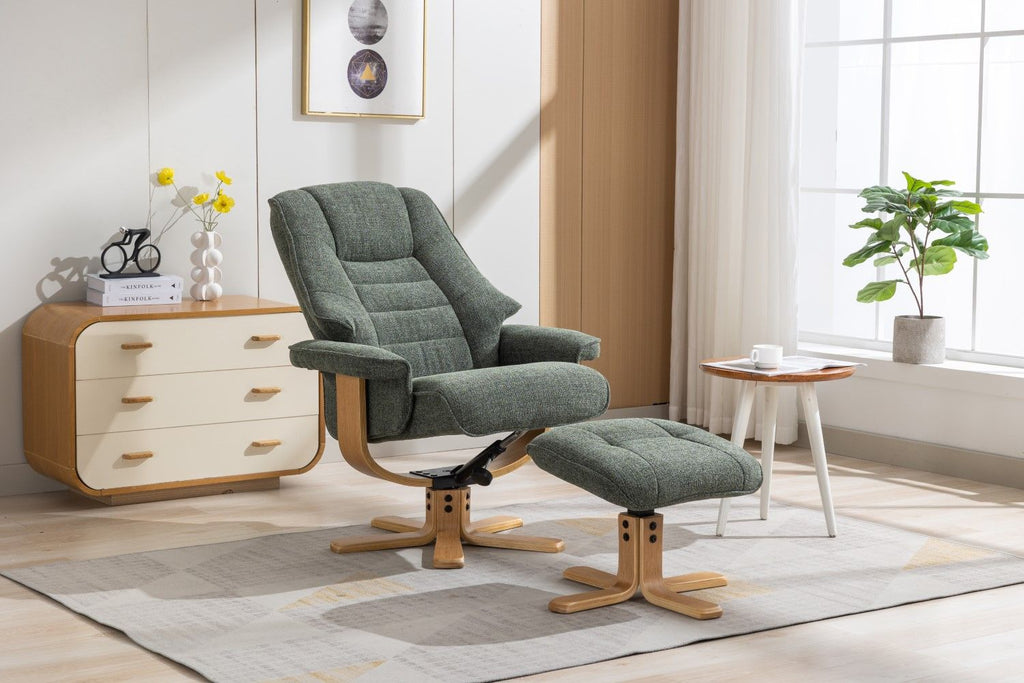 Green Fabric Swivel Recliner Chair with Footstool Star Base - Home Furniture Interiors