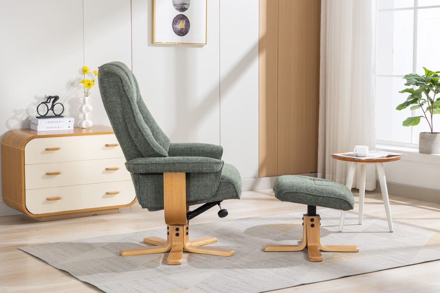 Green Fabric Swivel Recliner Chair with Footstool Star Base - Home Furniture Interiors