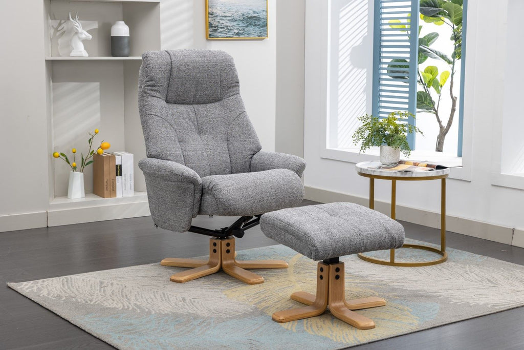 Grey Fabric Mid Oak Swivel Recliner Chair with Footstool