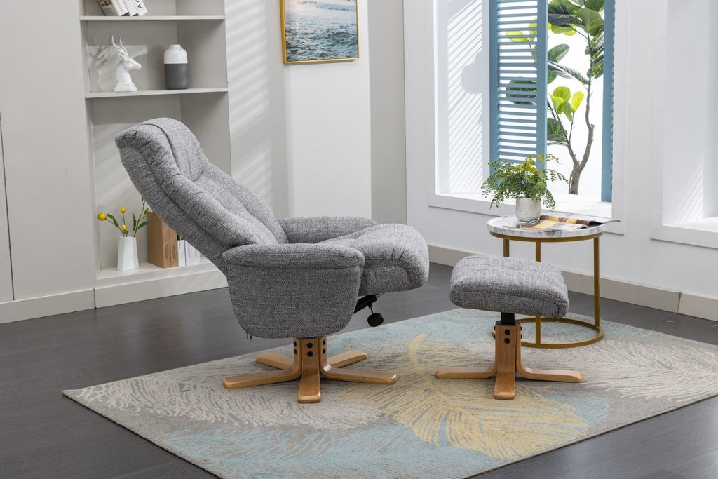 Grey Fabric Mid Oak Swivel Recliner Chair with Footstool