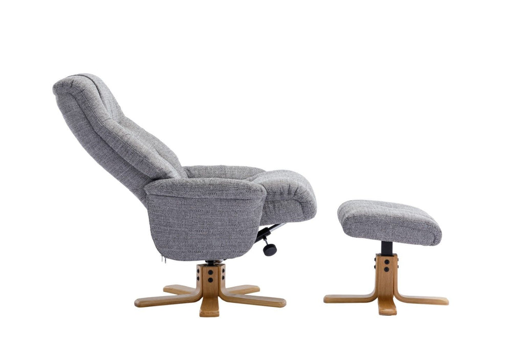 Grey Fabric Mid Oak Swivel Recliner Chair with Footstool