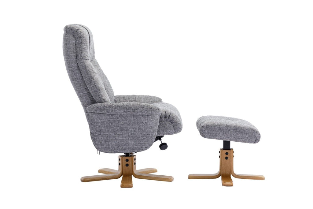 Grey Fabric Mid Oak Swivel Recliner Chair with Footstool