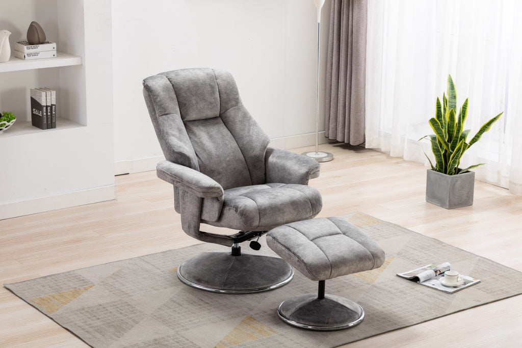 Grey Fabric Relaxing Swivel Recliner Armchair and Footstool