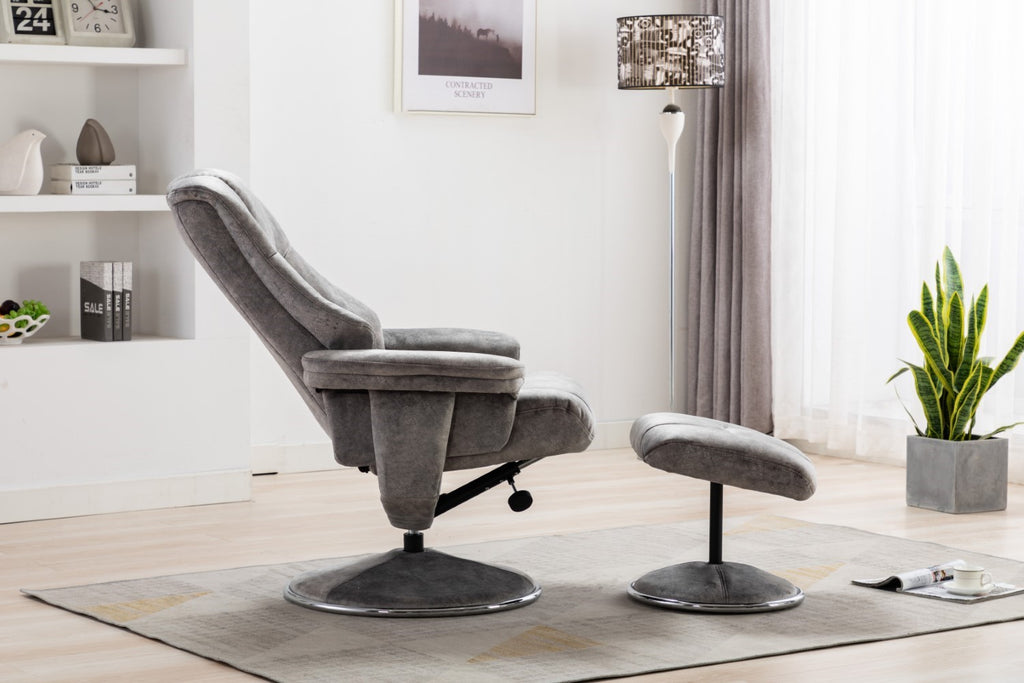 Grey Fabric Relaxing Swivel Recliner Armchair and Footstool