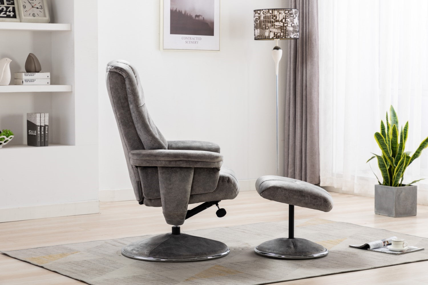 Grey Fabric Relaxing Swivel Recliner Armchair and Footstool