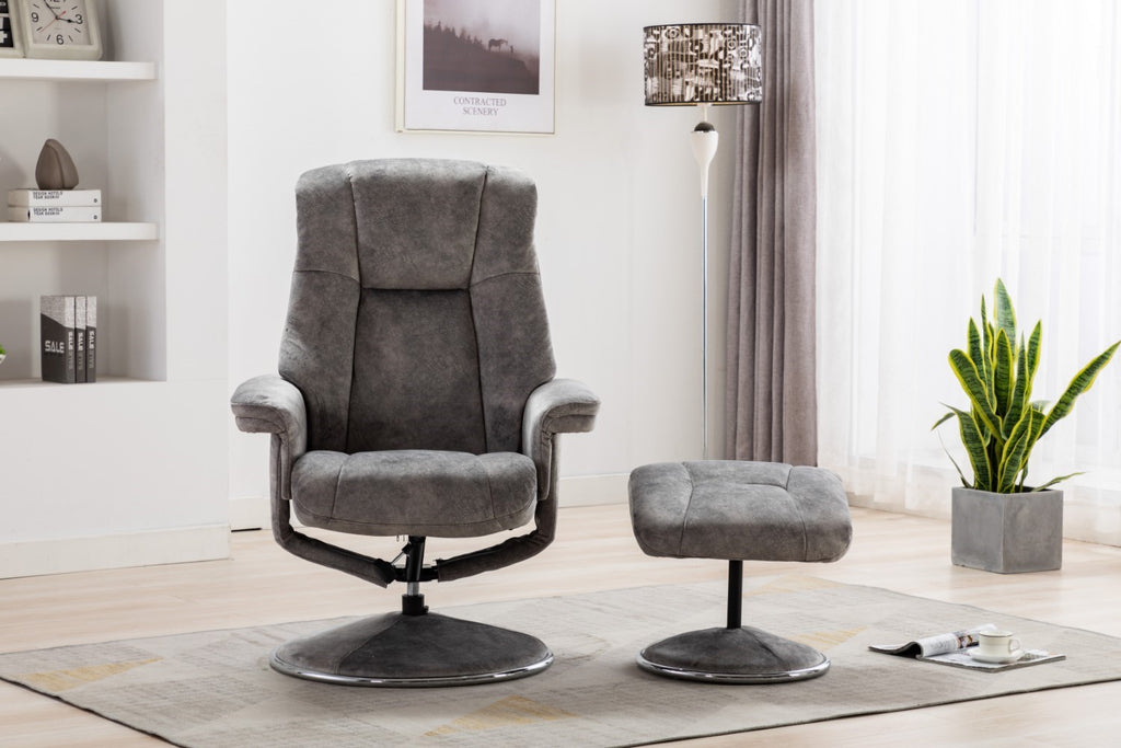 Grey Fabric Relaxing Swivel Recliner Armchair and Footstool