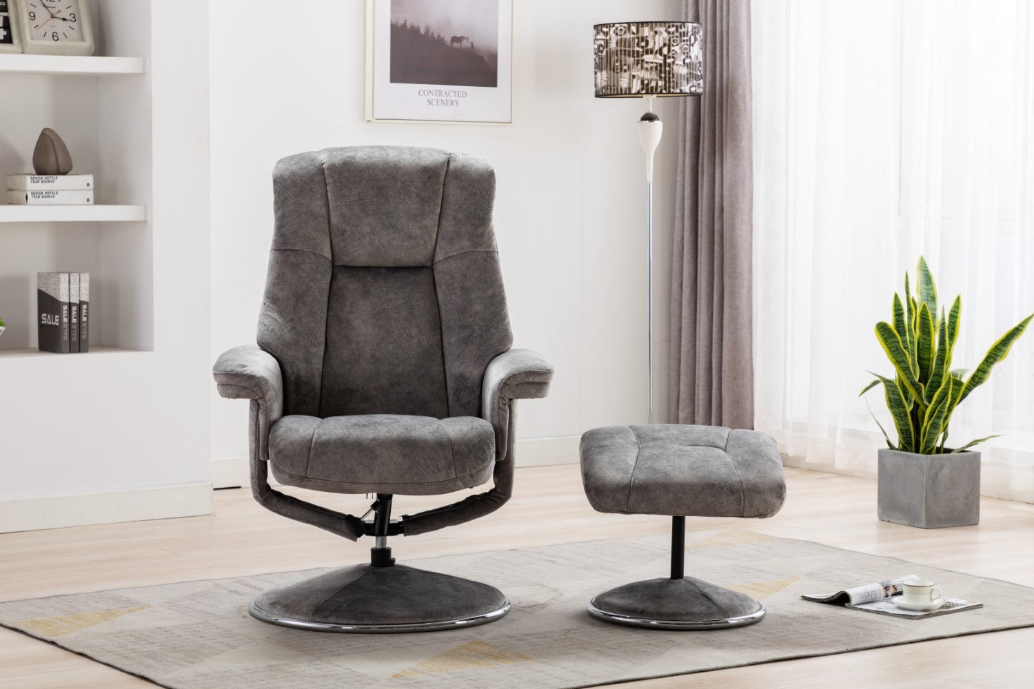 Grey Fabric Relaxing Swivel Recliner Armchair and Footstool