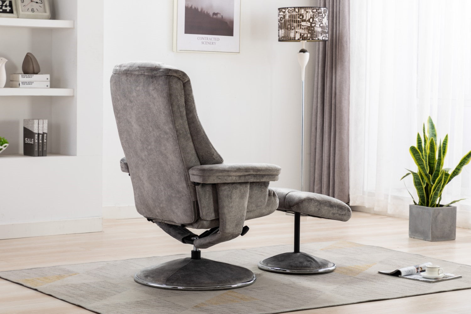 Grey Fabric Relaxing Swivel Recliner Armchair and Footstool