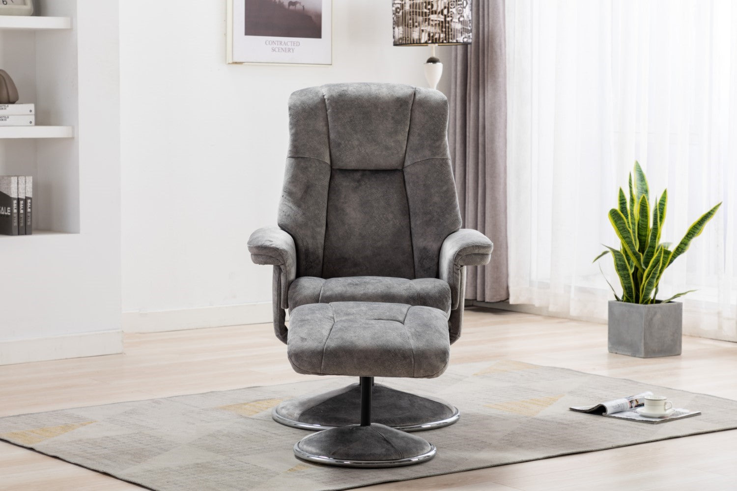 Grey Fabric Relaxing Swivel Recliner Armchair and Footstool