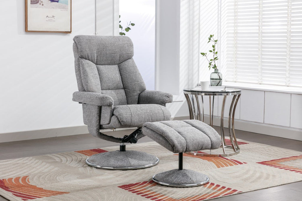 Grey Fabric Swivel Recliner And Footstool Chrome Trimmed