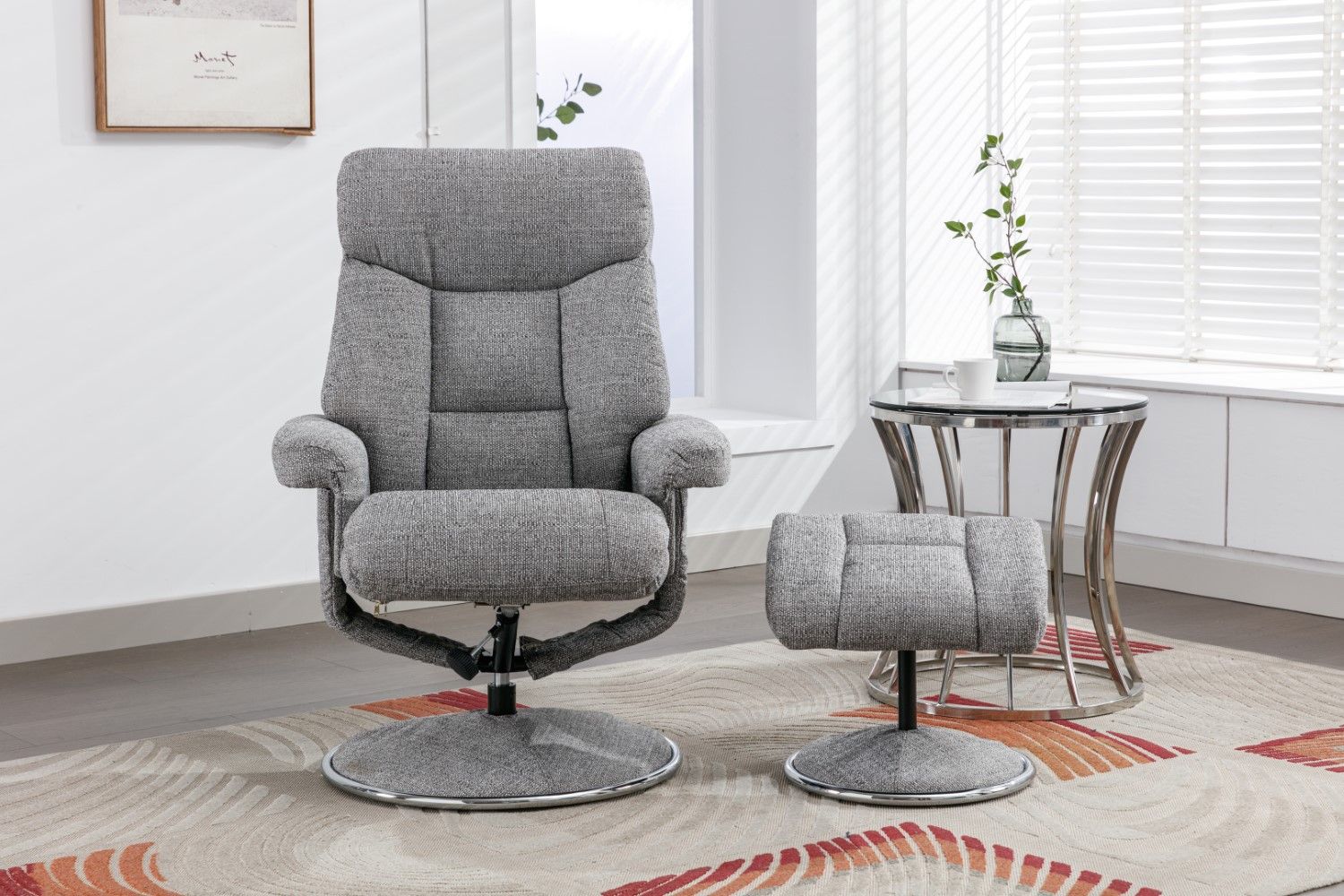 Grey Fabric Swivel Recliner And Footstool Chrome Trimmed - Home Furniture Interiors
