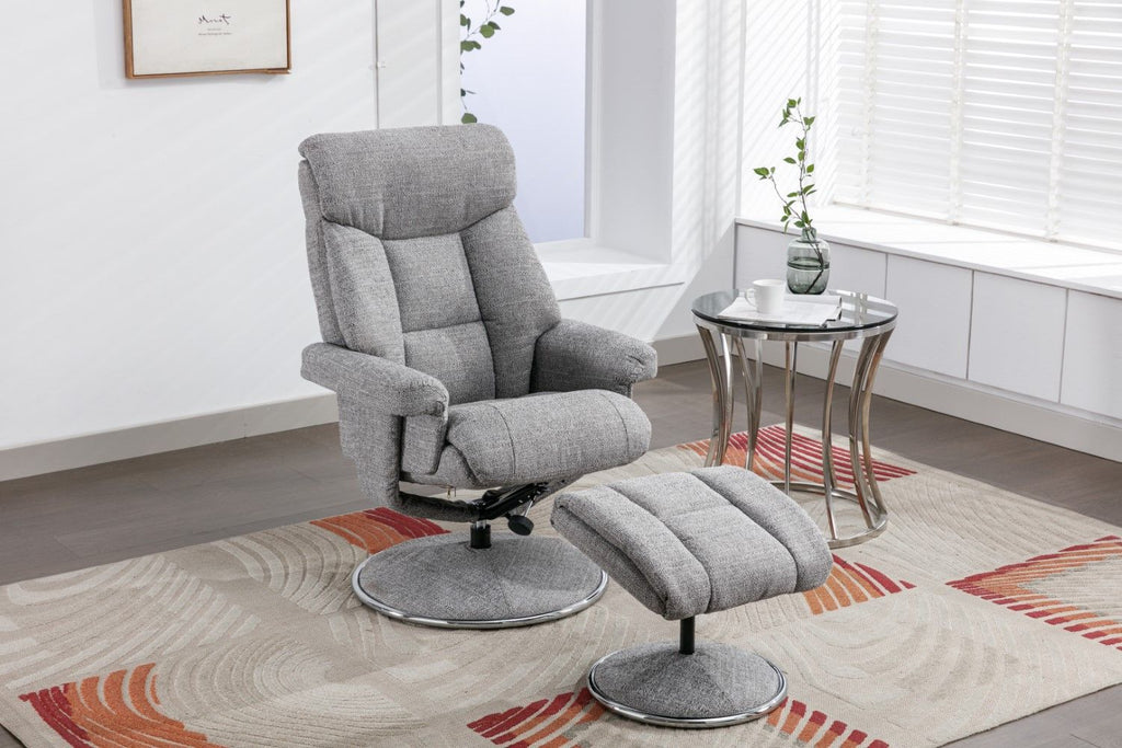 Grey Fabric Swivel Recliner And Footstool Chrome Trimmed - Home Furniture Interiors