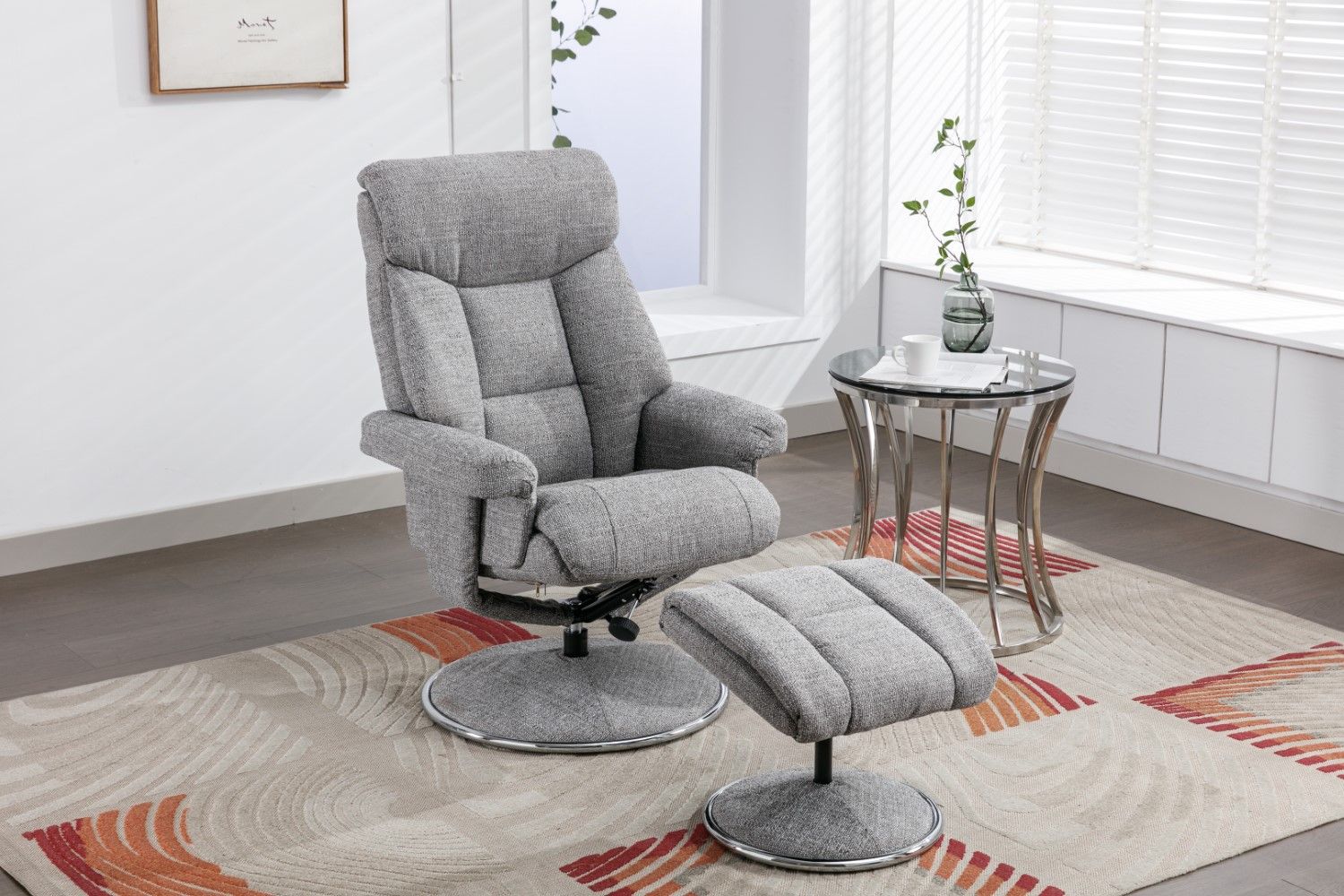 Grey Fabric Swivel Recliner And Footstool Chrome Trimmed - Home Furniture Interiors