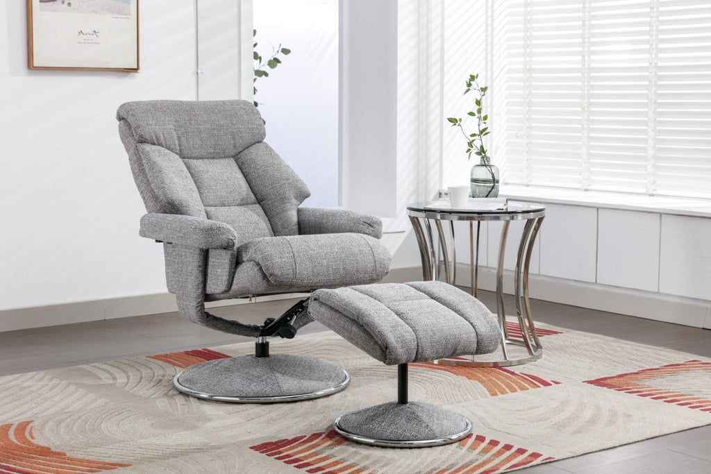 Grey Fabric Swivel Recliner And Footstool Chrome Trimmed - Home Furniture Interiors