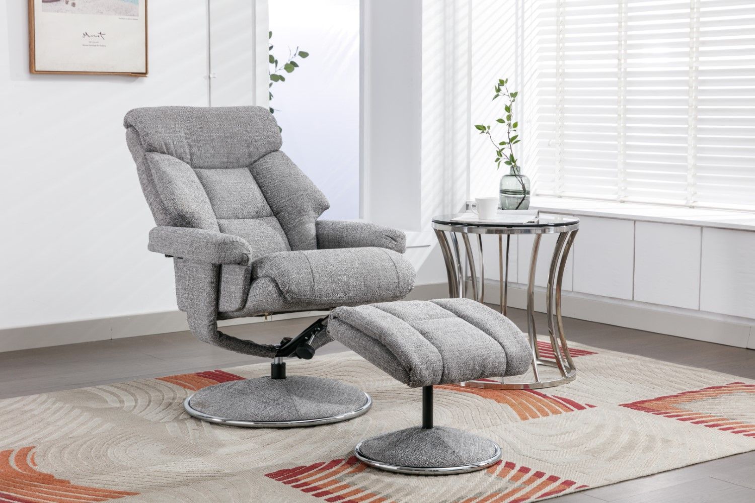 Grey Fabric Swivel Recliner And Footstool Chrome Trimmed - Home Furniture Interiors