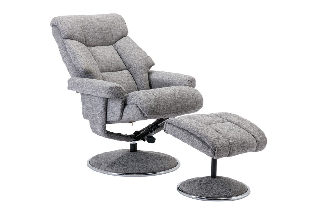 Grey Fabric Swivel Recliner And Footstool Chrome Trimmed - Home Furniture Interiors
