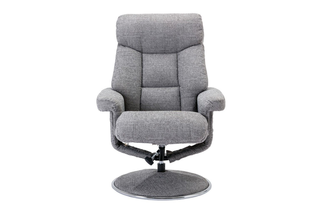 Grey Fabric Swivel Recliner And Footstool Chrome Trimmed - Home Furniture Interiors