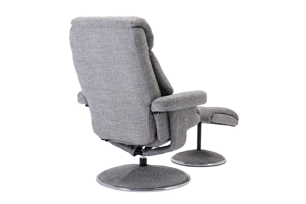 Grey Fabric Swivel Recliner And Footstool Chrome Trimmed - Home Furniture Interiors