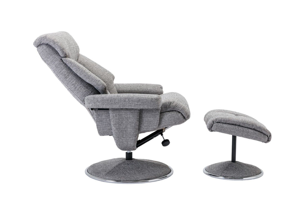 Grey Fabric Swivel Recliner And Footstool Chrome Trimmed - Home Furniture Interiors