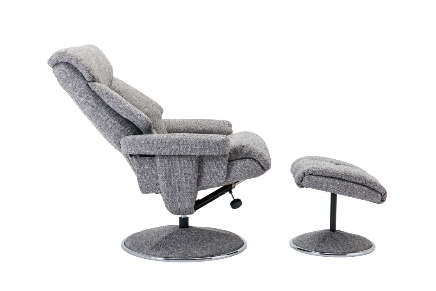 Grey Fabric Swivel Recliner And Footstool Chrome Trimmed - Home Furniture Interiors
