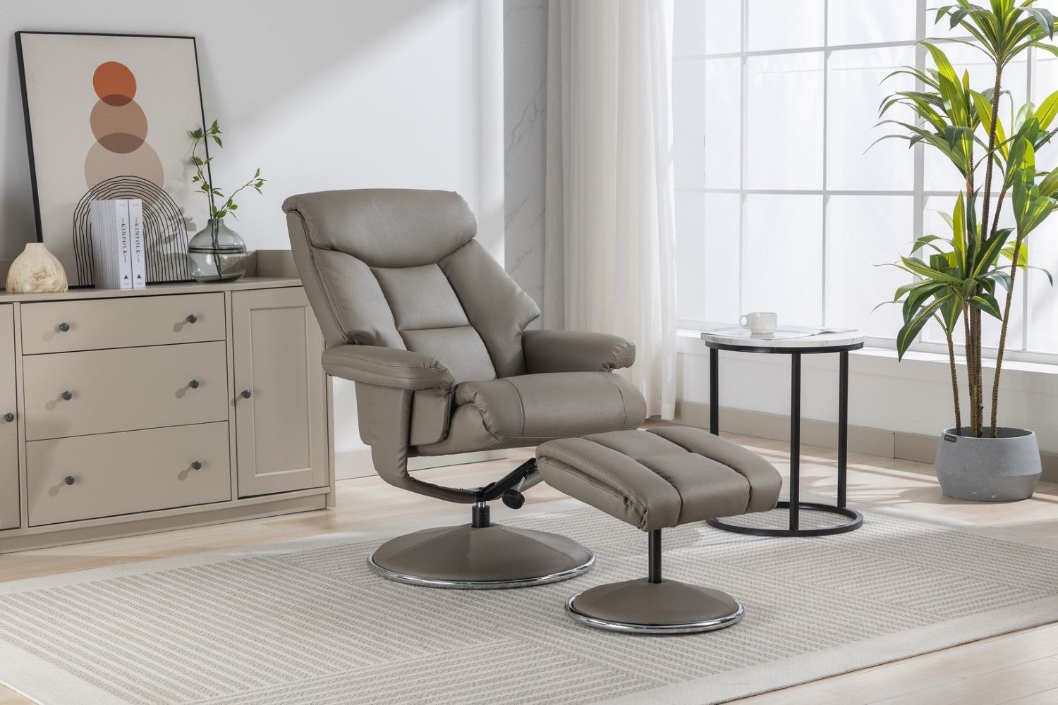 Grey Leather Effect Trim Swivel Recliner with Footstool