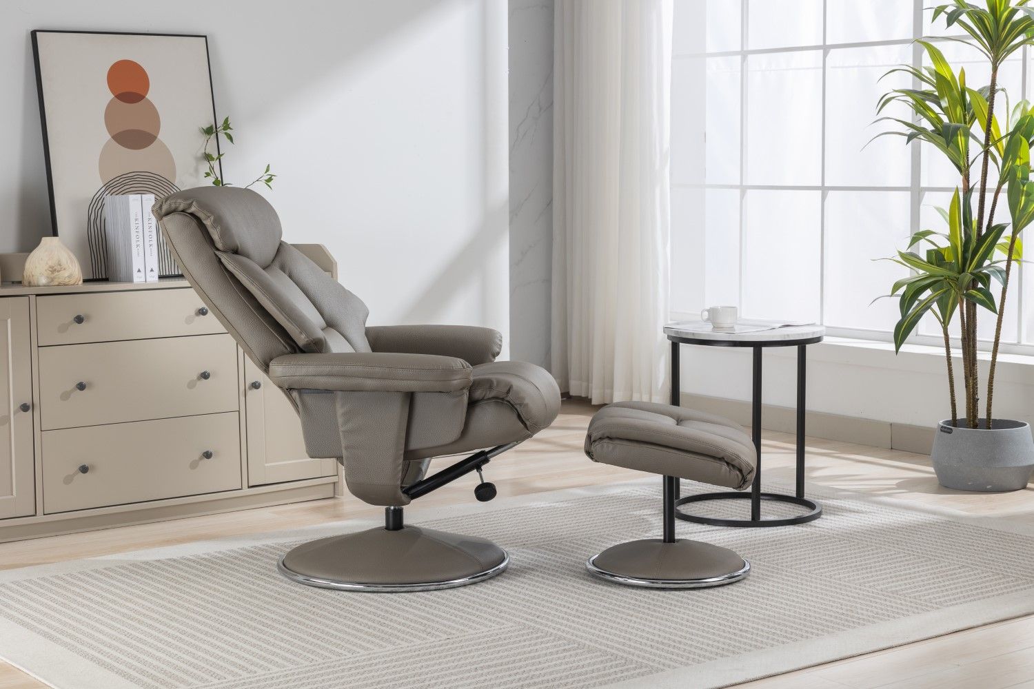 Grey Leather Effect Trim Swivel Recliner with Footstool