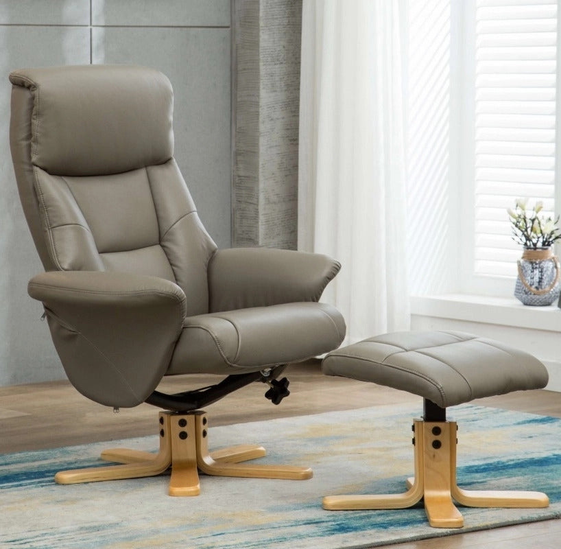 Grey Leather Swivel Recliner Armchair with Footstool