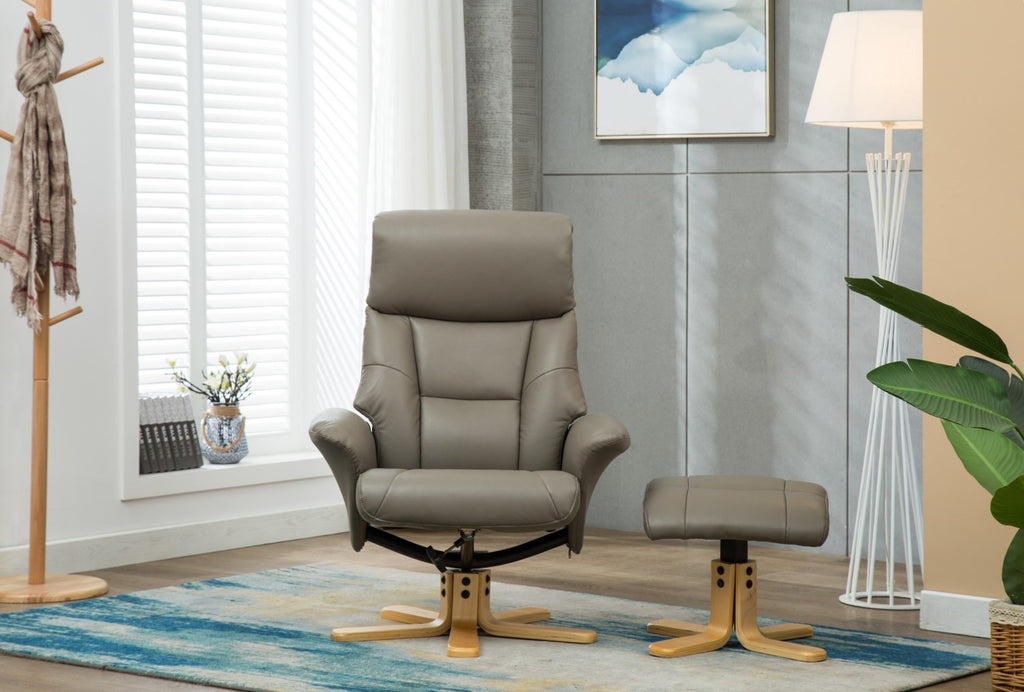 Grey Leather Swivel Recliner Armchair with Footstool