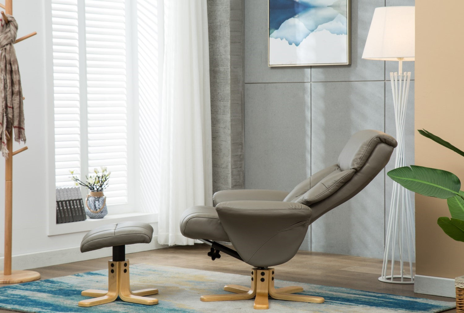 Grey Leather Swivel Recliner Armchair with Footstool