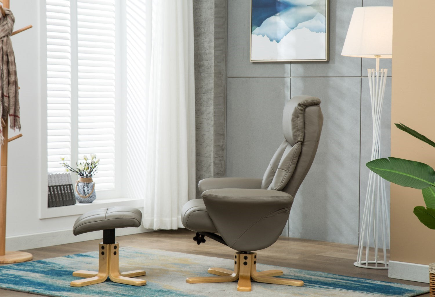 Grey Leather Swivel Recliner Armchair with Footstool