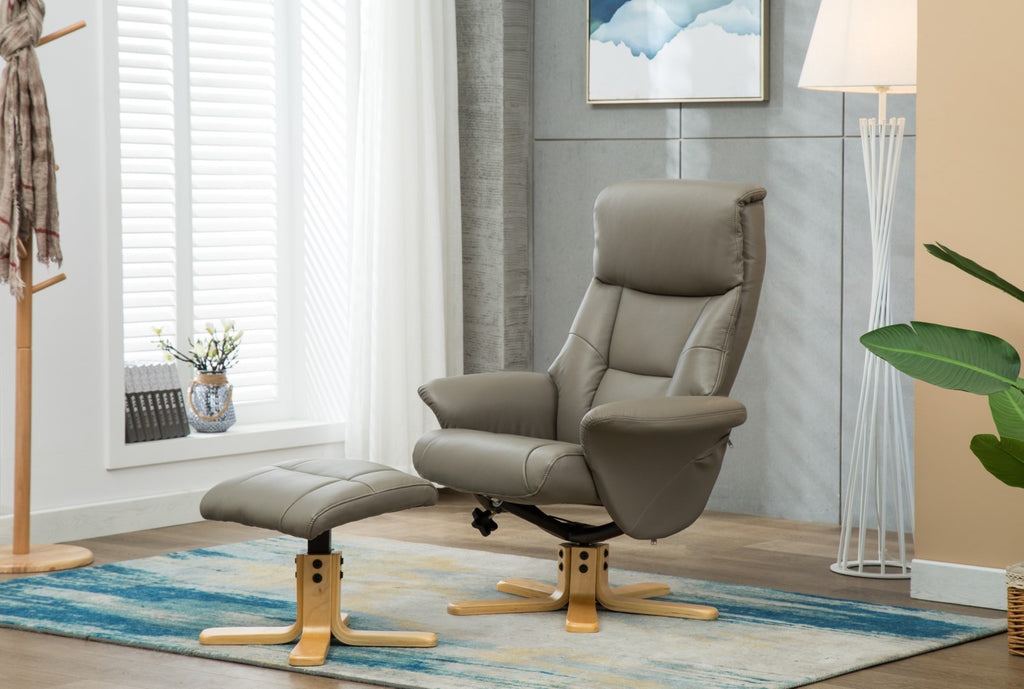 Grey Leather Swivel Recliner Armchair with Footstool