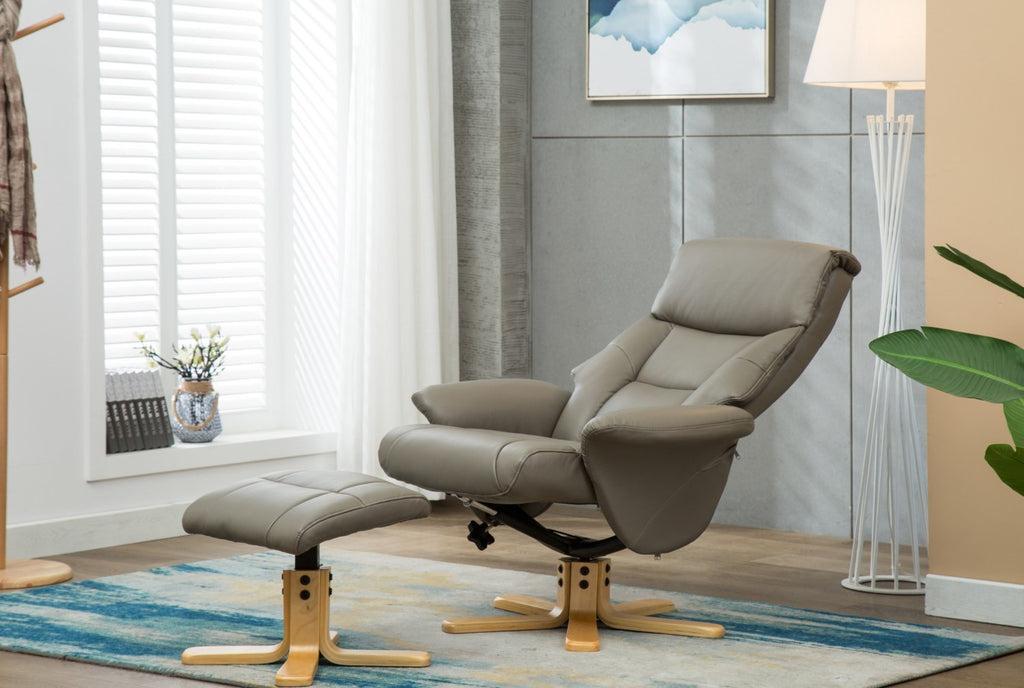 Grey Leather Swivel Recliner Armchair with Footstool