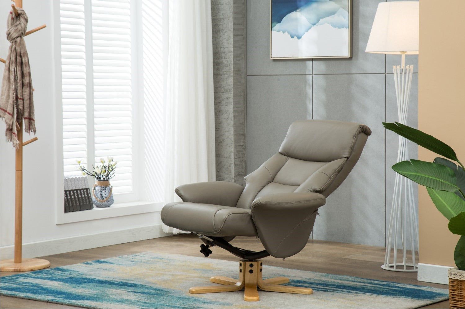 Grey Leather Swivel Recliner Armchair with Footstool