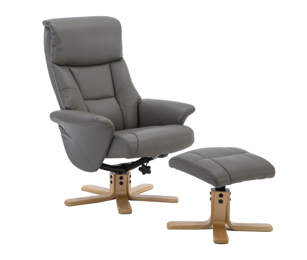 Grey Leather Swivel Recliner Armchair with Footstool