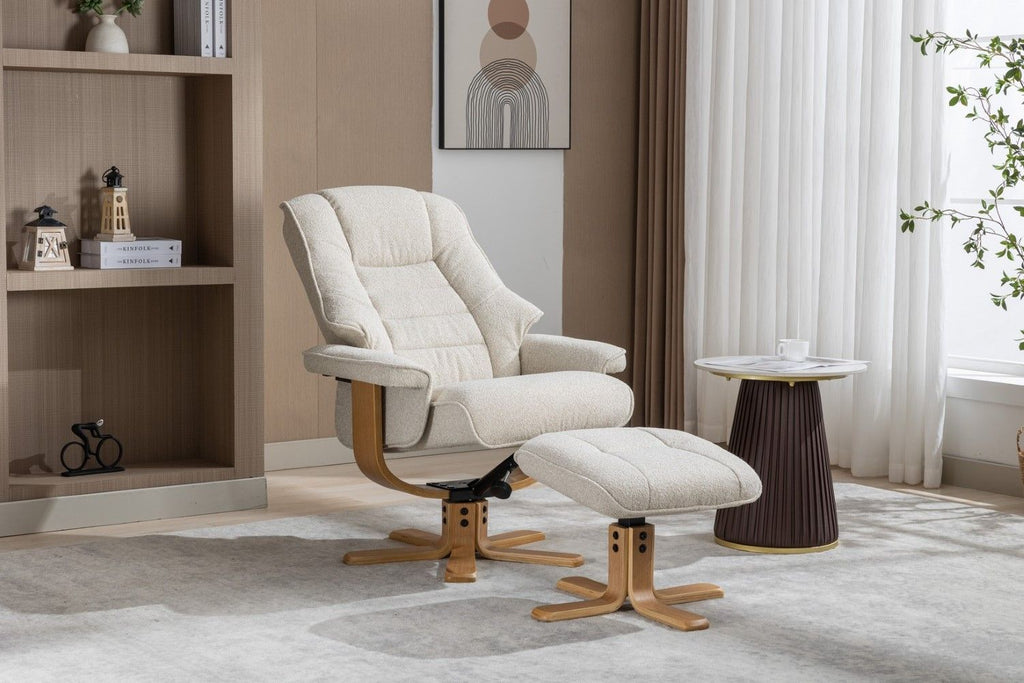 Hessian Fabric Swivel Recliner with Footstool Mid Oak Frame