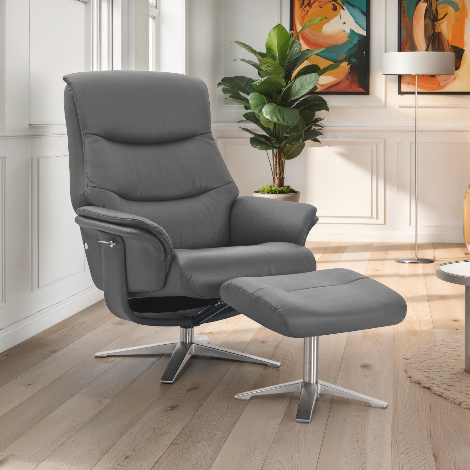 Iron Full Leather Swivel Recliner with Footstool