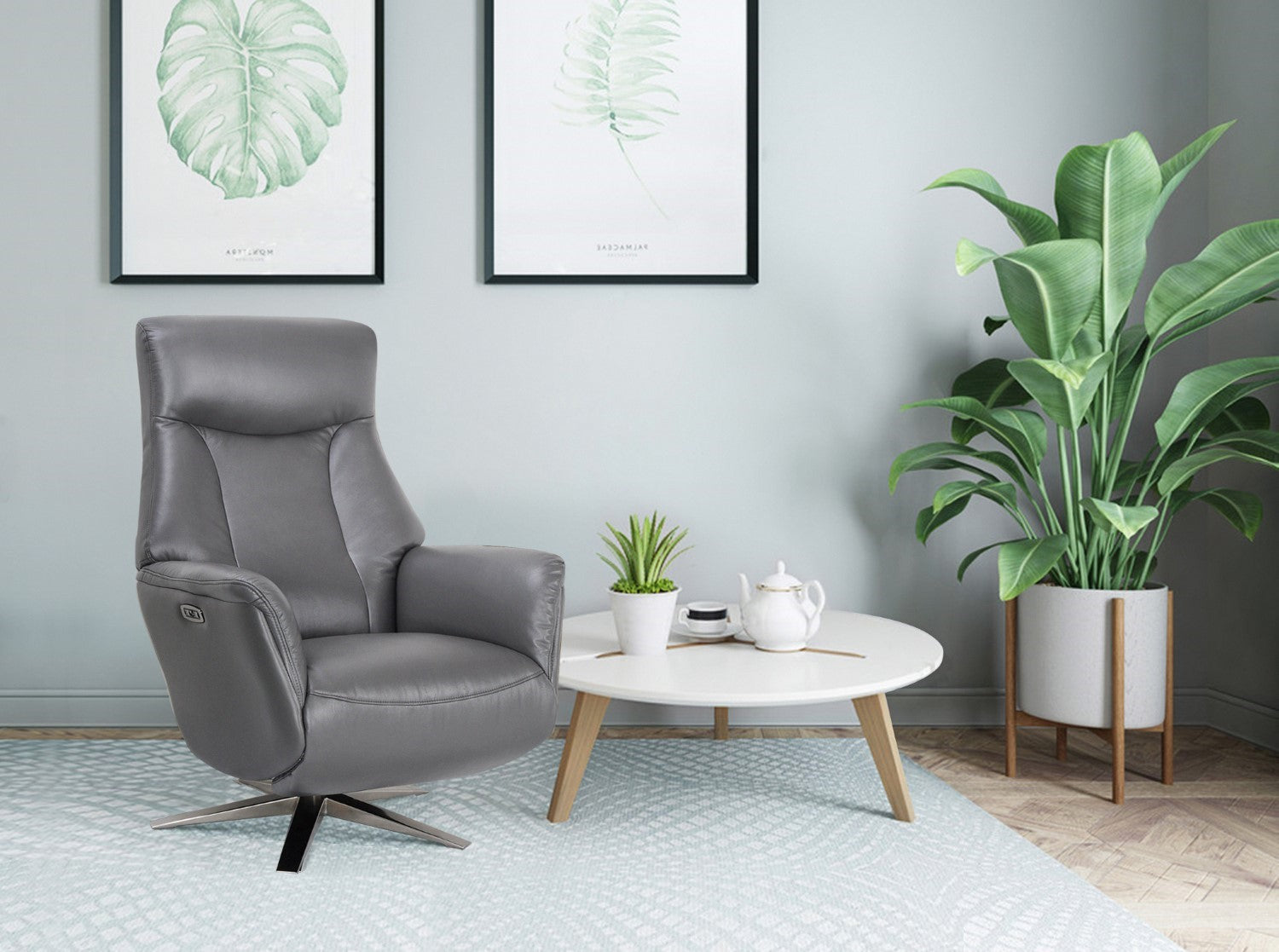 Iron Leather Match Swivel Recliner with Footstool