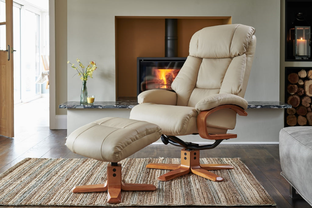 Ivory Leather Swivel Recliner Armchair with Footstool