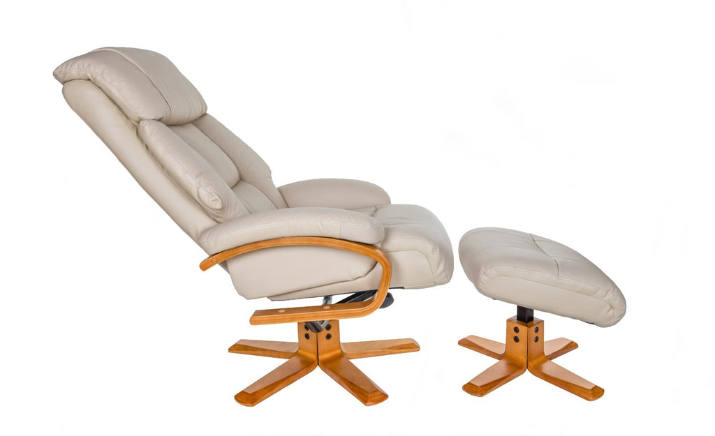 Ivory Leather Swivel Recliner Armchair with Footstool