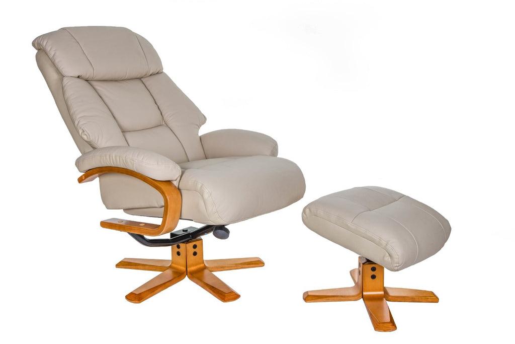 Ivory Leather Swivel Recliner Armchair with Footstool