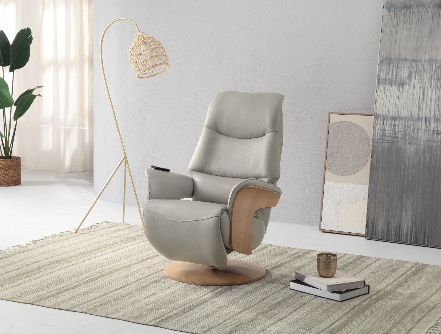 Light Grey Leather Swivel Recliner with Integrated Footstool - Home Furniture Interiors