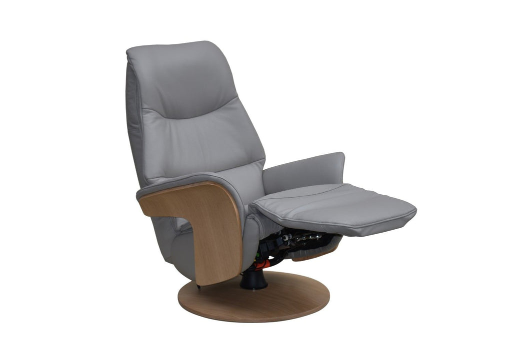 Light Grey Leather Swivel Recliner with Integrated Footstool - Home Furniture Interiors