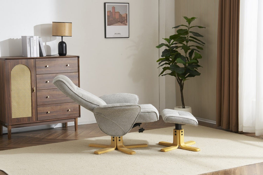 Lunar Grey Fabric Swivel Recliner with Footstool Oak Base - Home Furniture Interiors