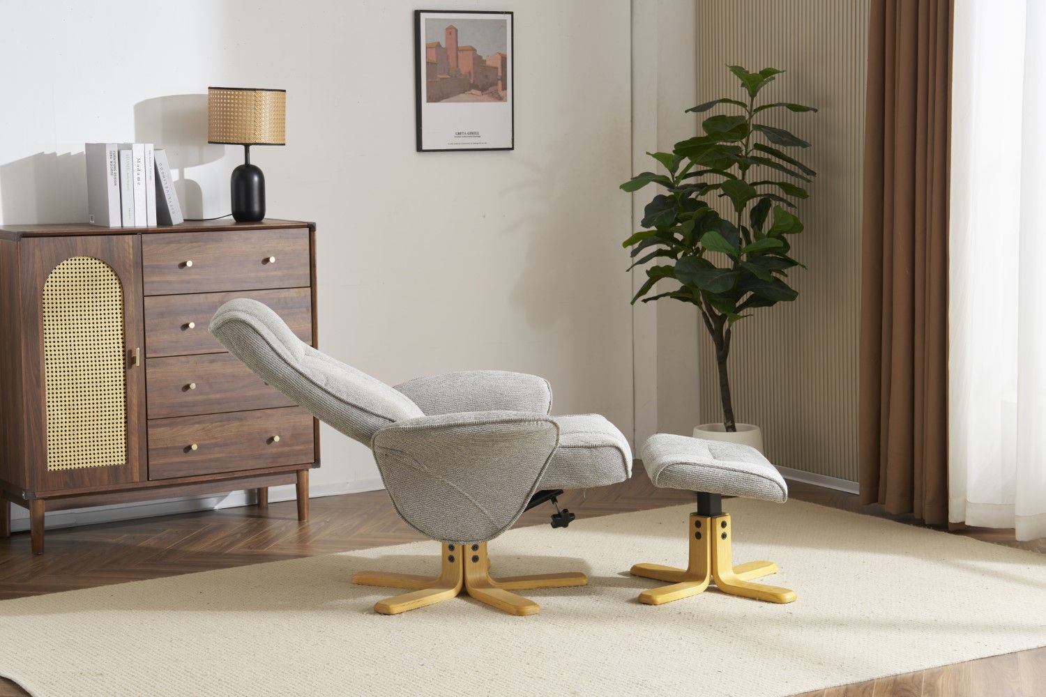 Lunar Grey Fabric Swivel Recliner with Footstool Oak Base - Home Furniture Interiors